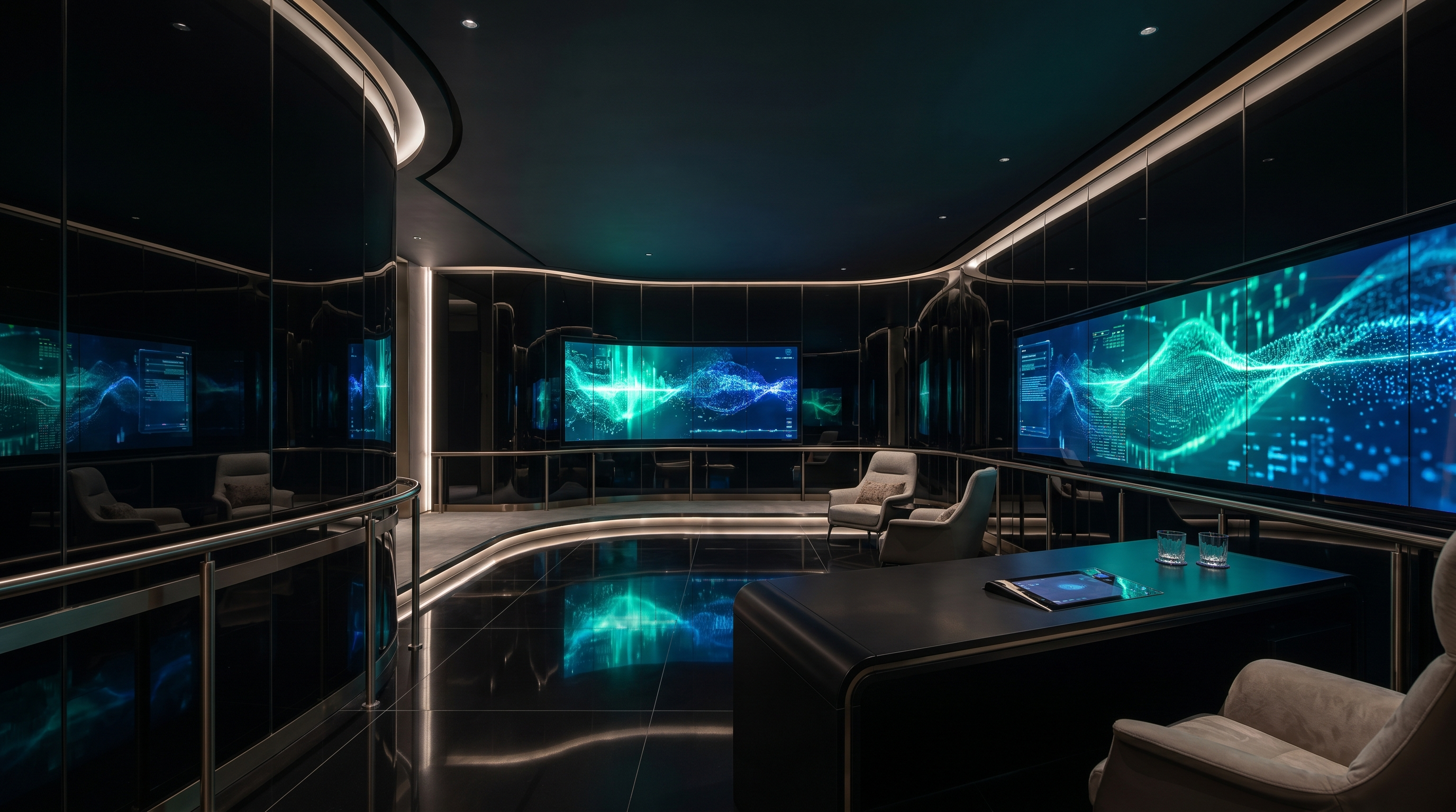 Luxury AI operations atelier with workflow dashboards