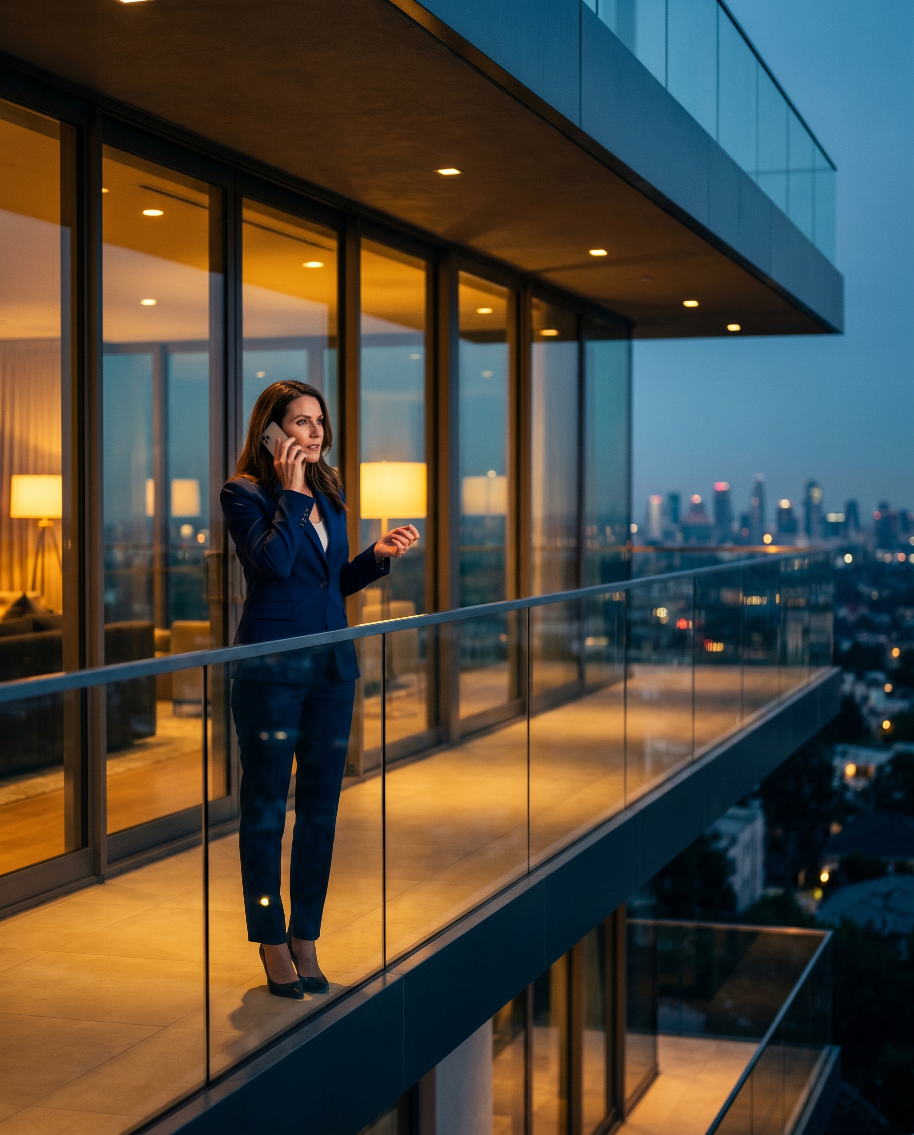 Luxury real estate agent at sunset balcony