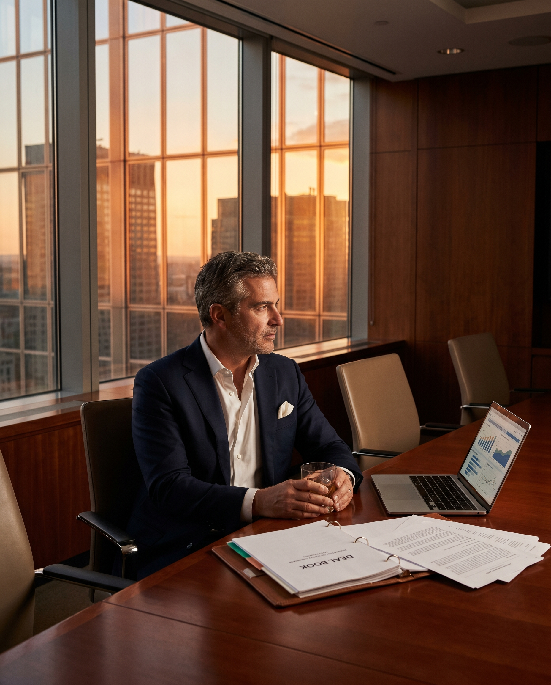 Private equity managing director after hours in Manhattan high-rise