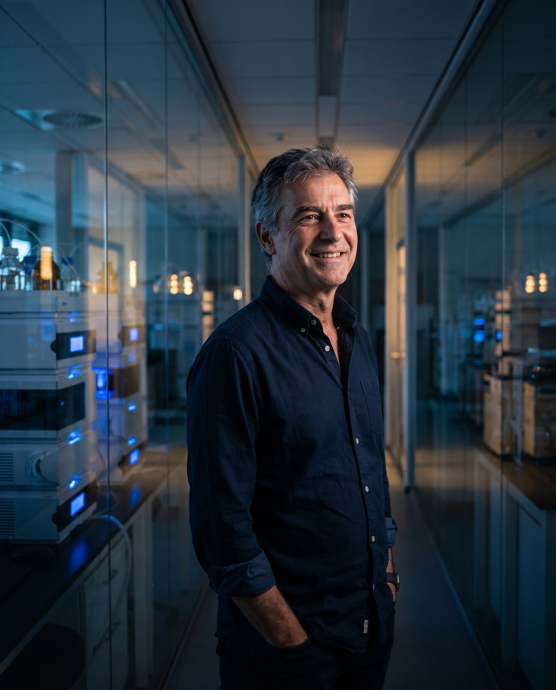 Pharmaceutical CEO in glass-walled lab