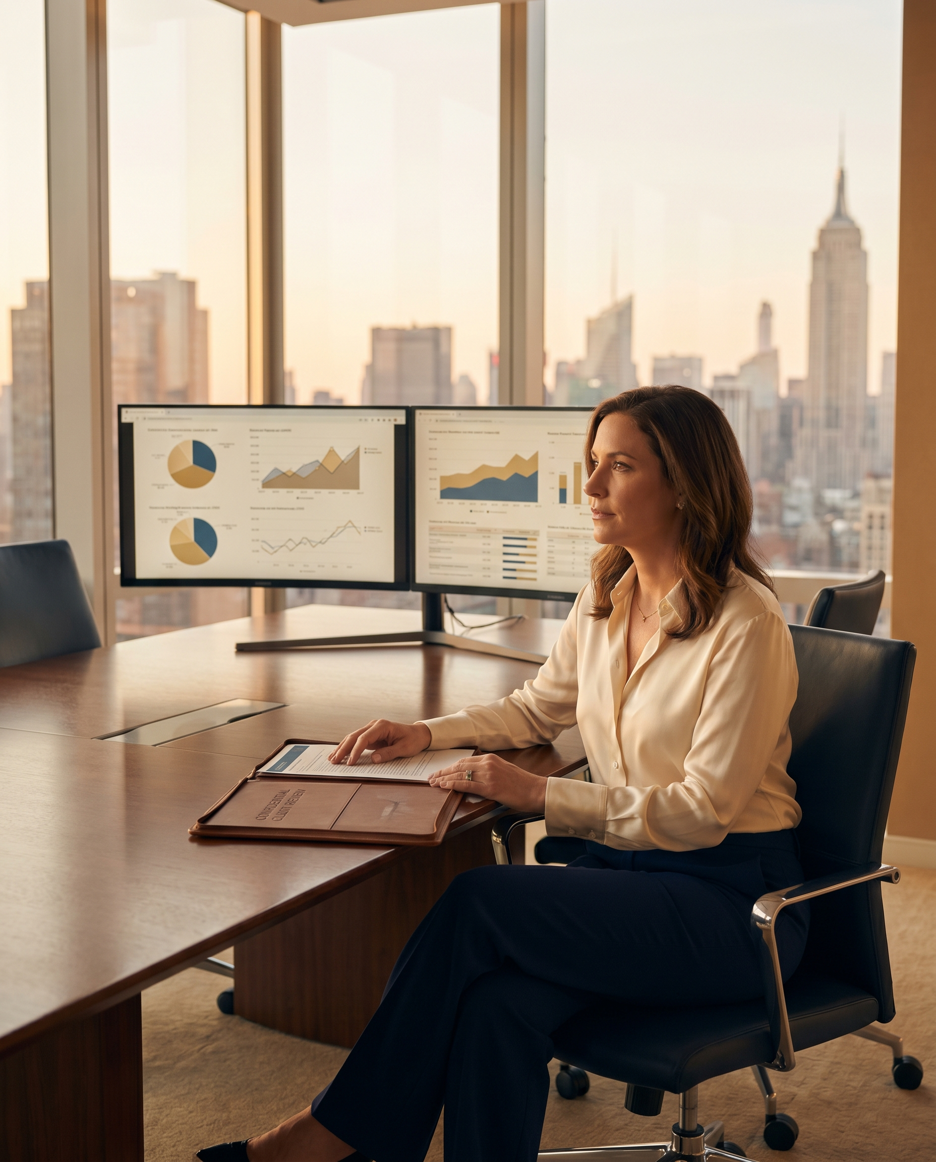Wealth management advisor in glass-walled high-rise office