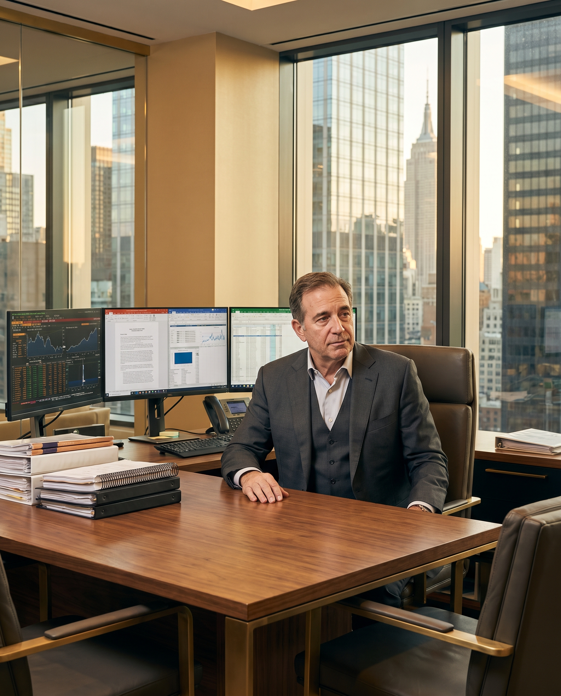 Commercial insurance broker at walnut desk with carrier matrix dashboard